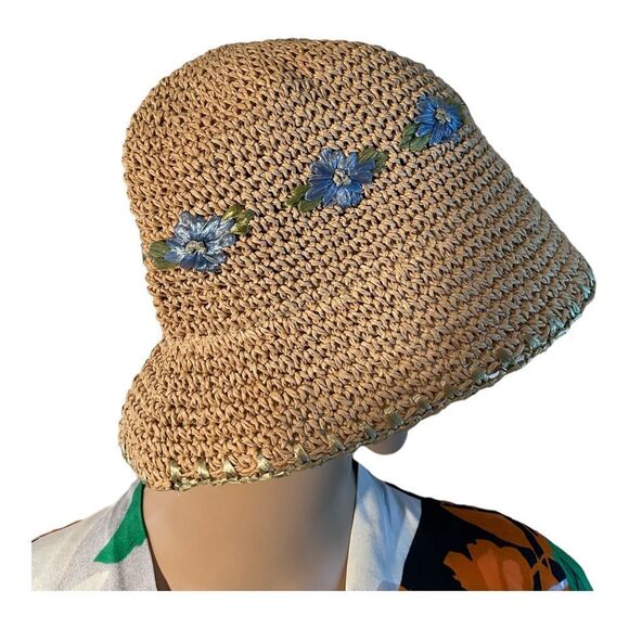 Women’s Beige Woven Paper Hat with Light Blue Flowers One Size Fits Most 12x8in - Picture 5 of 16
